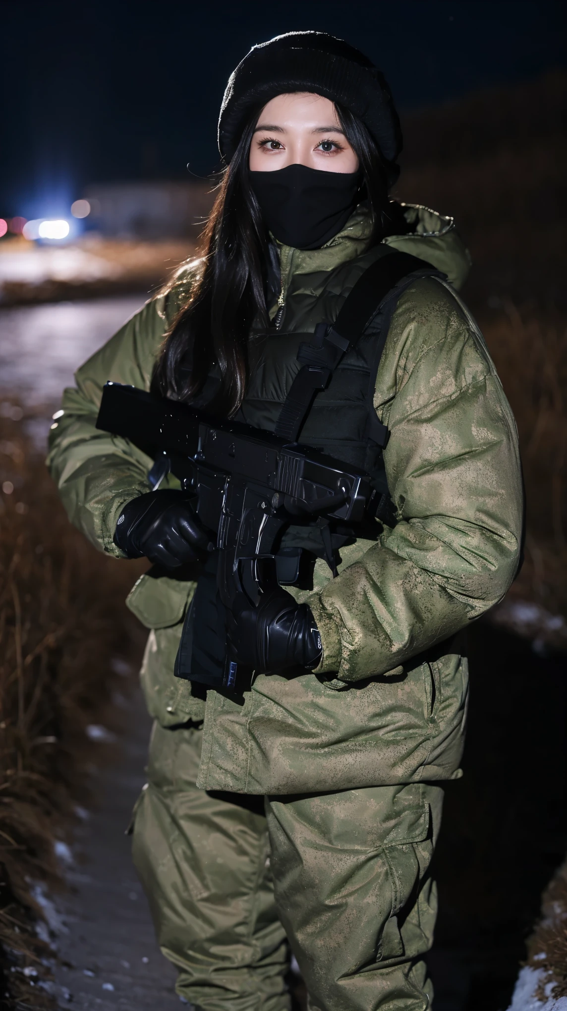 ((best quality)), (masterpiece), Reality, Photorealism, A girl kneels down and aims her assault rifle, Reality, high resolution,Snow background, Looking at the camera, (Delicate face), Black Hair, Vest, gun, jewelry，Black gloves, sunglasses on head, Fingers are covered
