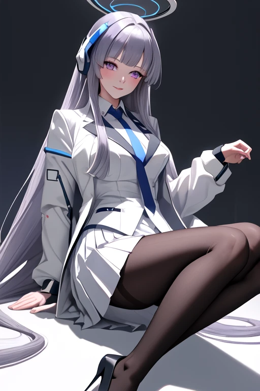 best quality, masterpiece, highres, solo, {noa_bluearchive:1.15}, halo, long_hair, purple_eyes, bangs, grey_hair, smile, mechanical_halo, necktie, blue_necktie, suit, blush, formal, headphones, big breasts, thick legs, knees up, white_hair, white_suit, sidelocks, very_long_hair, 1girl, collared_shirt, jacket, looking_at_viewer, pantyhose, pleated_skirt, shirt, simple_background, skirt, white_background, white_jacket, white_shirt, white_skirt, black_pantyhose, open_clothes, open_jacket, sitting, long_sleeves, knees up,