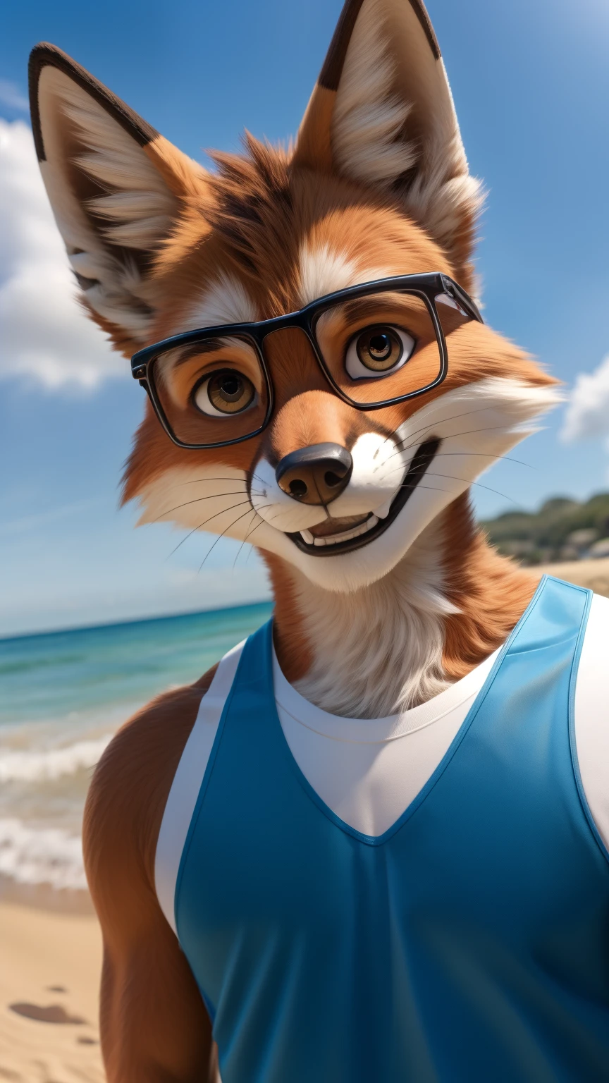 An adult man in his 30s wearing a Fox fur suit alone outdoors on the background of a beach smiling at the camera, ojos cafes, con lentes, con una playera blanca y un short negro