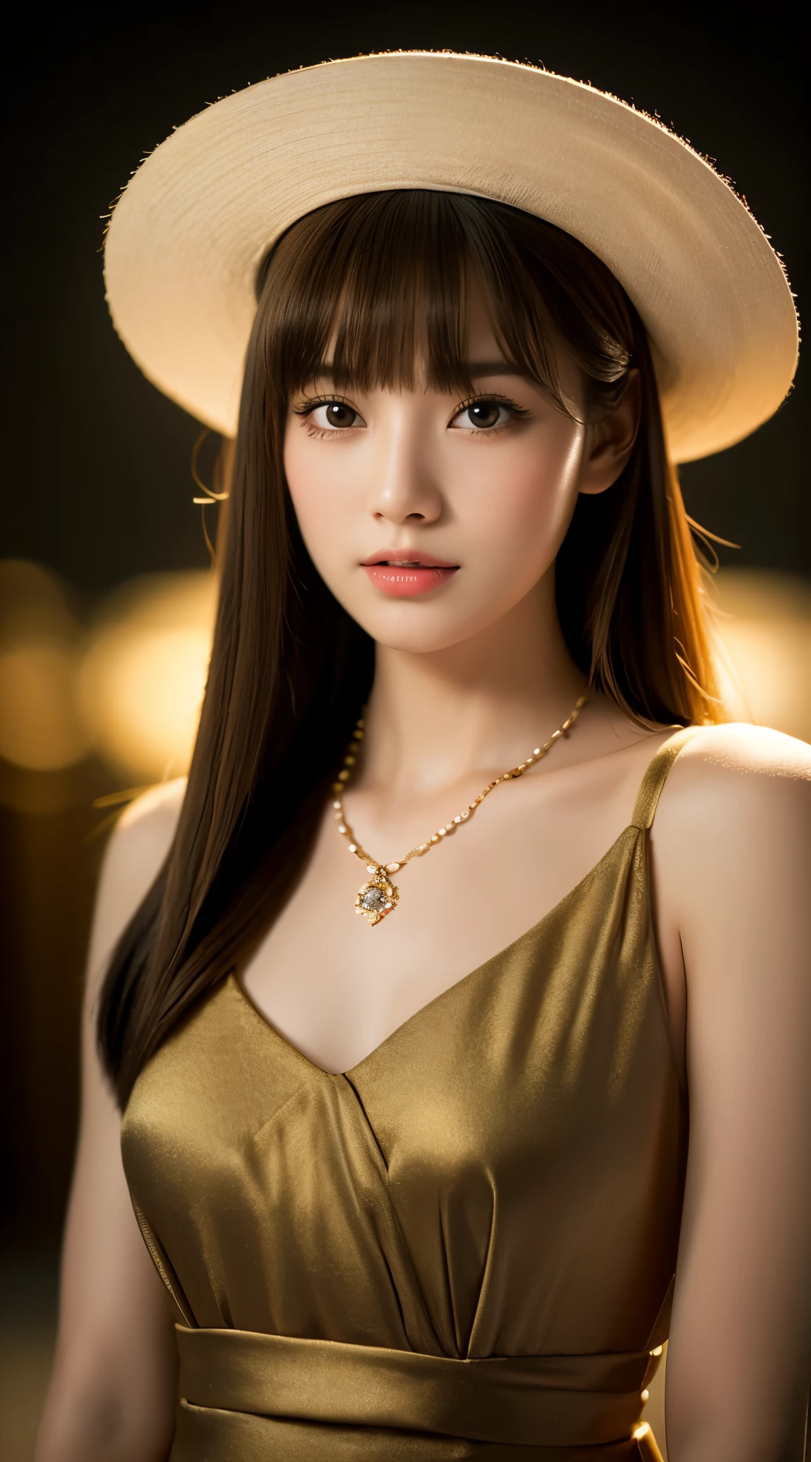 最high quality, masterpiece, High Resolution, One Girl, China dress, hat, necklace, jewelry, Beautiful Face, On top of that_body, Tyndall effect, Realistic, dark studio, Rim Light, two tone lighting, (High resolutionの肌: 1.2), 8K Ultra HD, Digital SLR, Soft lighting, high quality, Volumetric lighting, Frank, photograph, High resolution, 4K, 8k, Bokeh,