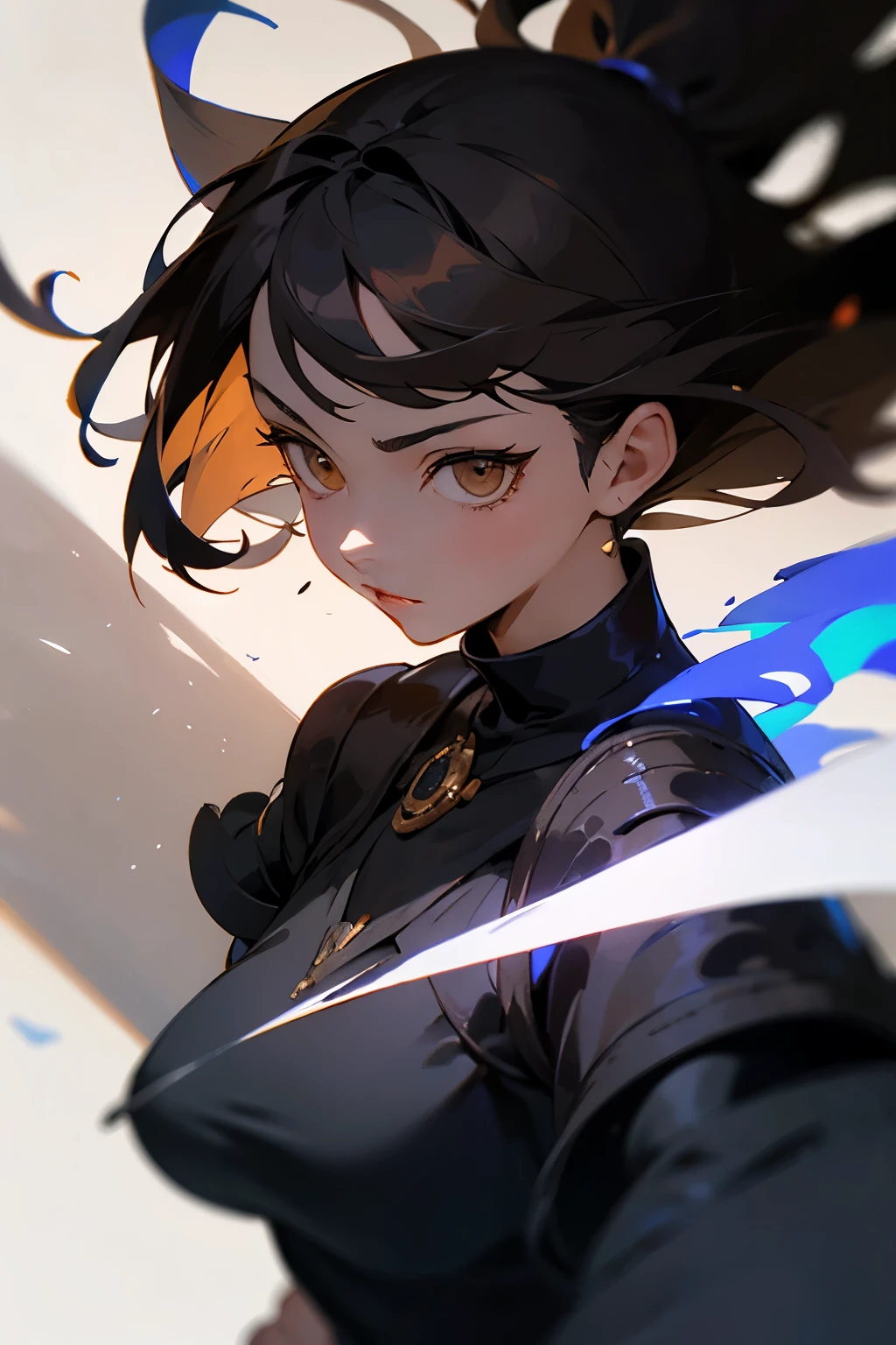 Shadow goddess, with black hair and light brown eyes with a neat dark goddess dress with black aura color (front face view)