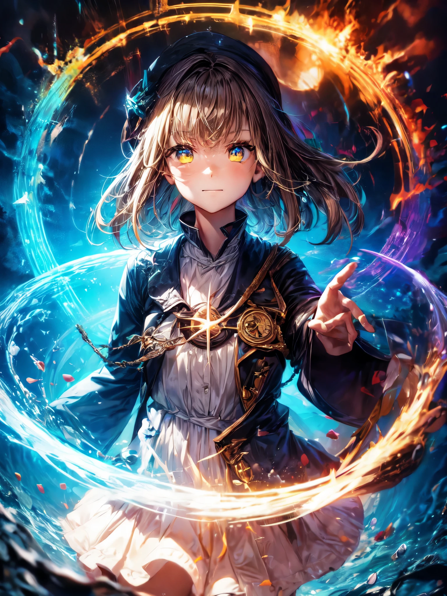 1 Girl,portrait,Rainbow magic circle,All magic circles, water, fire, electricity, soil, wood, Light, dark, time, space, All great magicians,,Determination,faint smile,