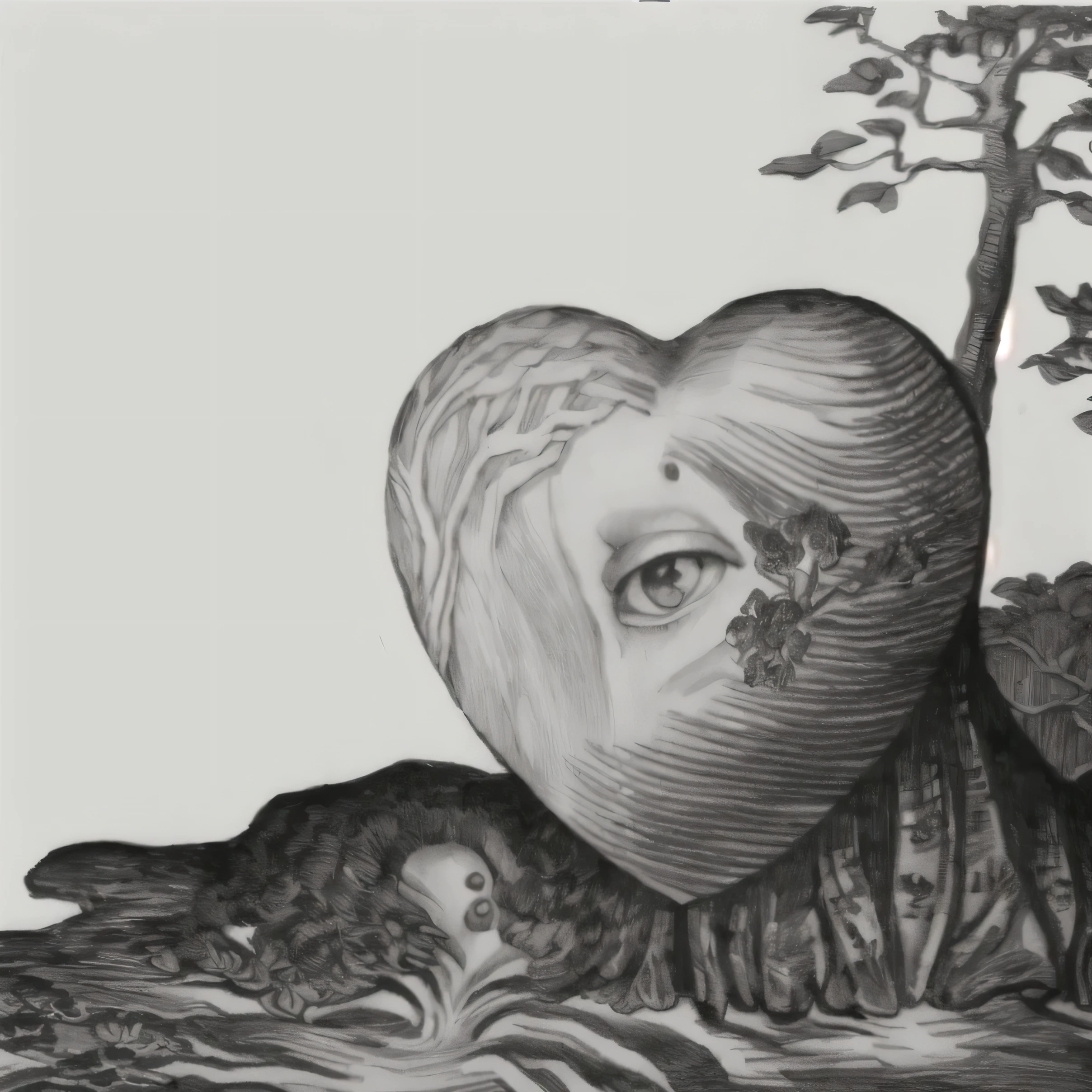 a black and white drawing of a heart with a tree in the background, surreal woodcut engraving, engraving from 1700s, black and white engraving, an alchemical art illustration, by Wenceslas Hollar, rene magritte. detailed, black and white illustration, rene magritte. hyperdetailed, an engraving, engraving illustration