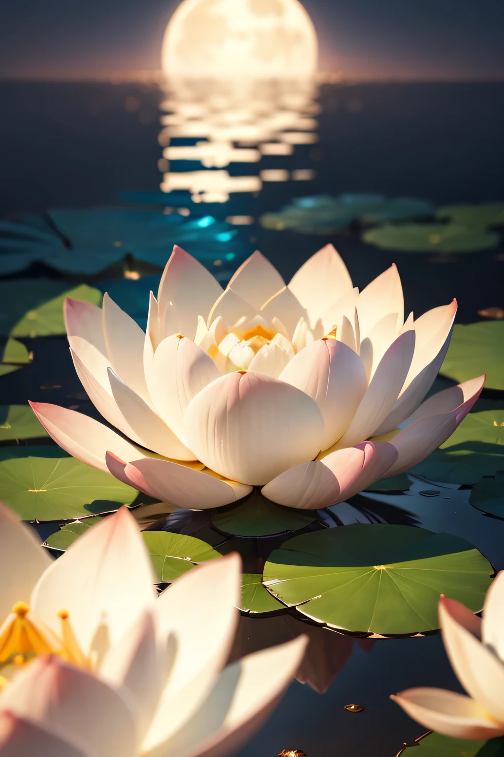 Close up view of a white lotus，Below the white lotus is pool water，The background above is the big moon in the night sky，Depth of Field