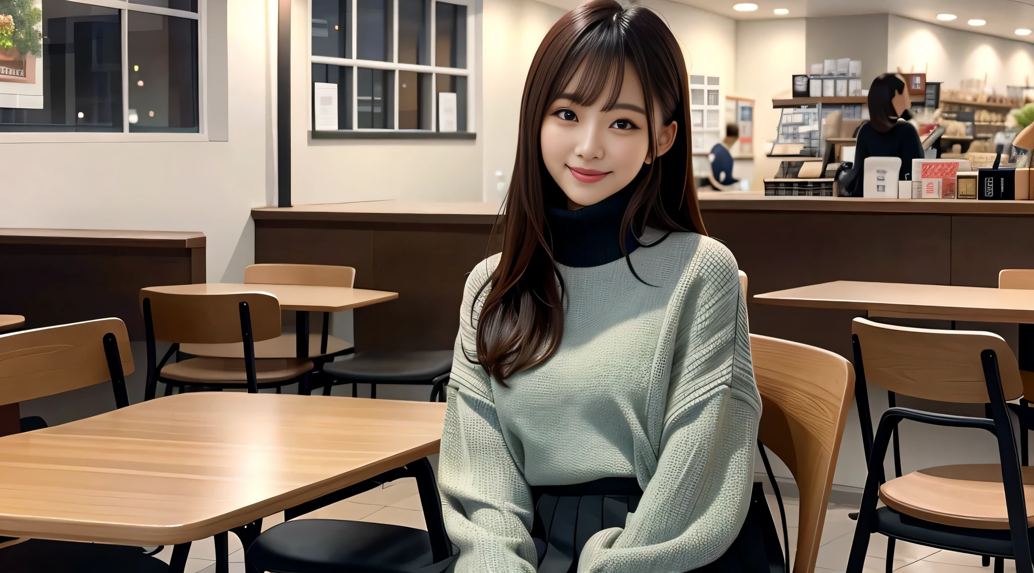 (masterpiece, highest quality, Extremely detailed CG, Beautiful fine details, Very detailed, Intricate details:1.2), 8k wallpaper, Elaborate features,
(1 person, alone:1.4)Perfect live action illustration,(1 person, alone:1.4)
(Realistic texture:0.8), High resolution, cute, (Vibrant colors, Dynamic Lighting:1.0), (High Contrast:0.8),
College 1、cuteghter、long clean hair、Black turtleneck sweater、Skirt、Stylish cafeteria、Outside the store(Near the entrance of the store)、Sitting in a chair、table、coffee、Half-read paperback book、Time is night、the weather is sunny、Stored in the back