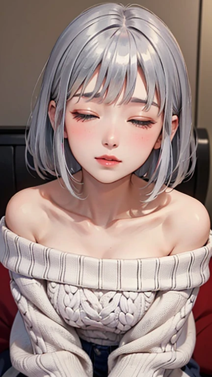 Be red in the face, nakeness, silver hair, double bun, rolling eyes, horizontal pupils, blush, shy, tongue out, seductive smile, backlighting, textured skin, high details, high quality