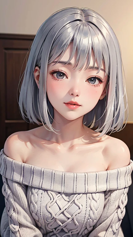 A light blush and a smile, (Masterpiece of the highest quality:1.2) Delicate illustrations, super detailed, /Beautiful Japanese Women、1 person,Very cute and slim、Outstanding style 、((8K images、super high quality))、Very delicate face, Skin and Hair、Red lipstick、short hair、straggling hair,(((((Gradient Hair、Silver Hair))))),Very cute Japanese cut face、Eyes and nose are clearly visible、Kind eyes,(((Off-the-shoulder sweater、Watching the audience)))、full body shot