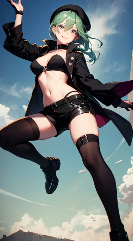 ubel,((ubel of Frieren: Beyond Journey's End )),dark green hair,long hair,side ponytail,hair between eyes,bangs, BREAK (beret, black jacket, open clothes, cleavage, midriff, black shorts, black thighhighs, thigh strap, fingerless gloves, single glove:1.2) , (dynamic angle:1.3, front view:1.1, breast focus:1.3, from below:1.2), (dynamic posing:1.5, sexy posing:1.2, leaning forward), (seductive smiling:1.3),(*K) HD, highest quality, WorKs of masters, High resolution, spread legs, panties shot,1 girl, small nose,(with sparkling eyes and a contagious smile), very beautiful detailed face and eyes, bright colors, cute face, delicate beautiful face, Bright magenta eyes, cute eyes, sparkling eyes, Big eyes, (big breasts:1.3), (perky chest:1.1), (pointed chest:1.0), medium hips, glamorous body, white skin, smile, thin pubric hair, shiny hair, super beautiful face, Super beautiful eyes, Super beautiful hair，trendy outfit，sexy and attractive，explosion of colors，big hairpin，full body esbian，illegal occupation, Real World, Natural light,perfect Natural light,looking at viewer,