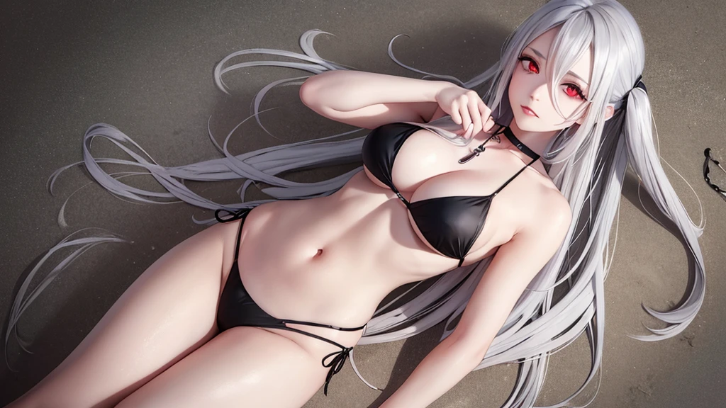 Long gray hair,blood red eyes,Necklace with cross,Wearing a black and white bikini,beach