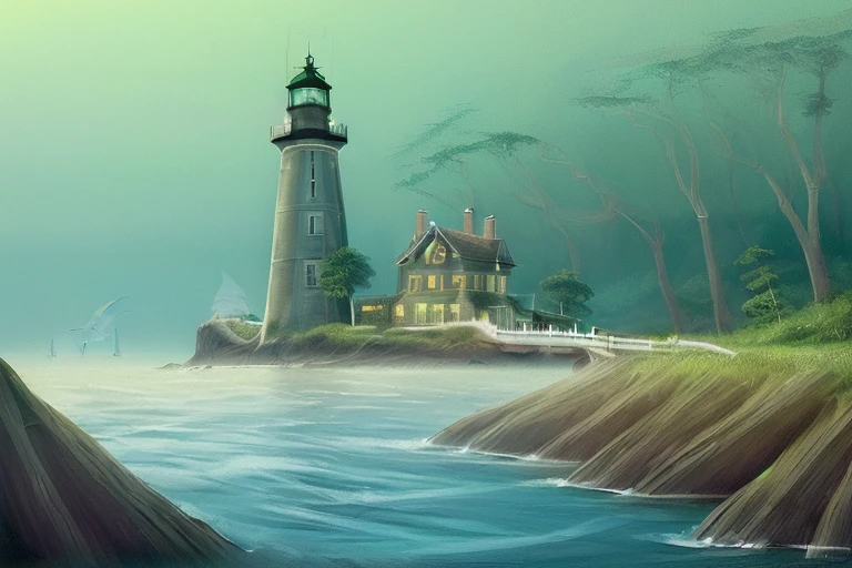 hs,innocent,shadow,fantasy,dream,masterpiece,a high resolution,Best quality,very detailed, Ocean,lighthouse on the island,the forest,city