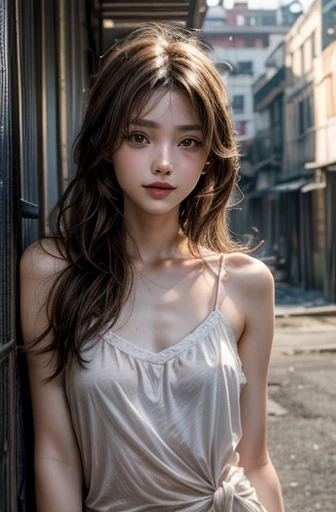 ((Masterpiece)), (Anime:1.3), ((best quality)), (RAW photo: 1.2), (High Definition:1.3), (Professional Photography:1.2), (18 years old),1girl, 8K, cinematic lighting, very messy hair,(portrait), narrow lane, (sunset), Glossy lips, (slightly exposed small breast), (loose white sexy camisole), Slender small breasts, big cute smile, slum townscape, Textured skin, pale brown hair, Cute Beautiful girl