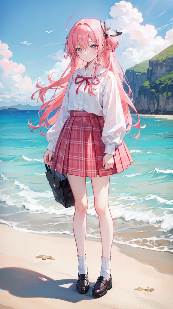 Coral pink hair，Long hair，hair over one eye，Gray eyes，feather hair ornament，cute，Girl，Plaid skirt，Small leather shoes，White socks，whole body，Standing on the ground，Don't show your arms，The background is the beach，Blue sky and white clouds