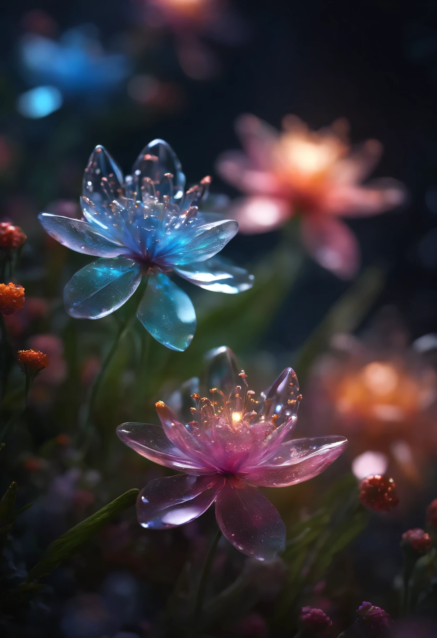 Crystal Spring Flowers, fantasy, galaxy, transparent, Glittering, Glittering, outstanding, Colorful, Stunning photography, Dramatic Lighting, Photorealism, Ultra Detailed, 4K, Depth of Field, high resolution