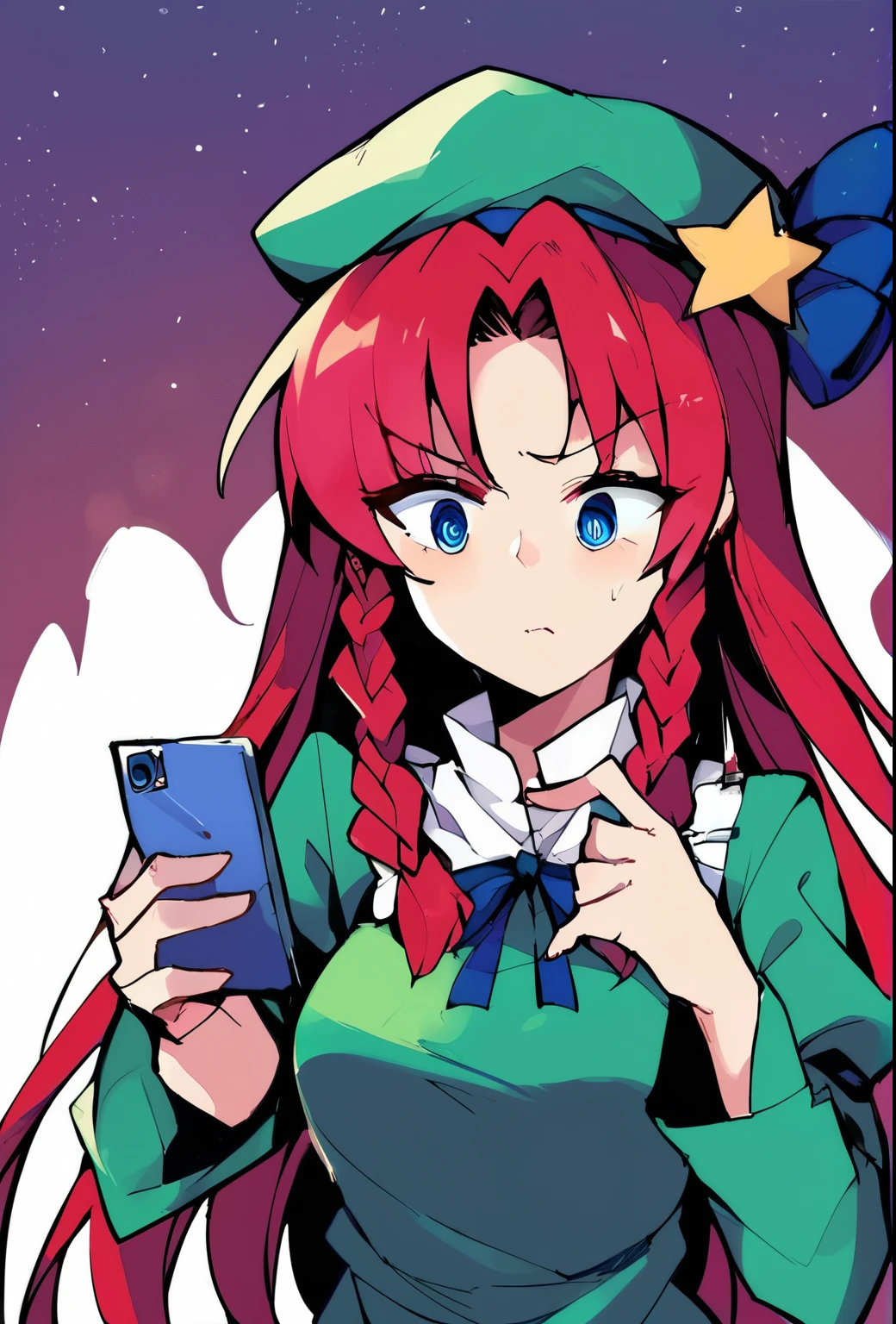 source_anime, (2d), score_9, score_8_up, score_7_up, score_6_up, score_5_up, score_4_up, solo, 1girl, standing, holding phone, looking at phone, :o, hong_meiling_touhou, braid, long_hair, red_hair, twin_braids, star_\(symbol\), hat, hat_ornament, star_hat_ornament, beret, bow, bangs, blue_eyes, breasts, hair_bow, ribbon, green_headwear, confused, raised eyebrow, cowboy shot