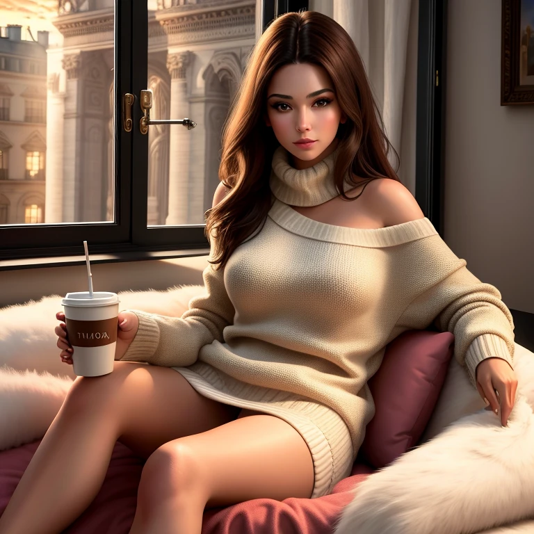 Ultra Realistic, slender woman, long shot, sitting on a bed among fur blankets next to the window, glam pose, brunette, wide sweater falling from her shoulder, drinking coffe, chilling, delighted, sunset, Arc de triomphe, (Masterpiece:1.3), (best quality:1.3),