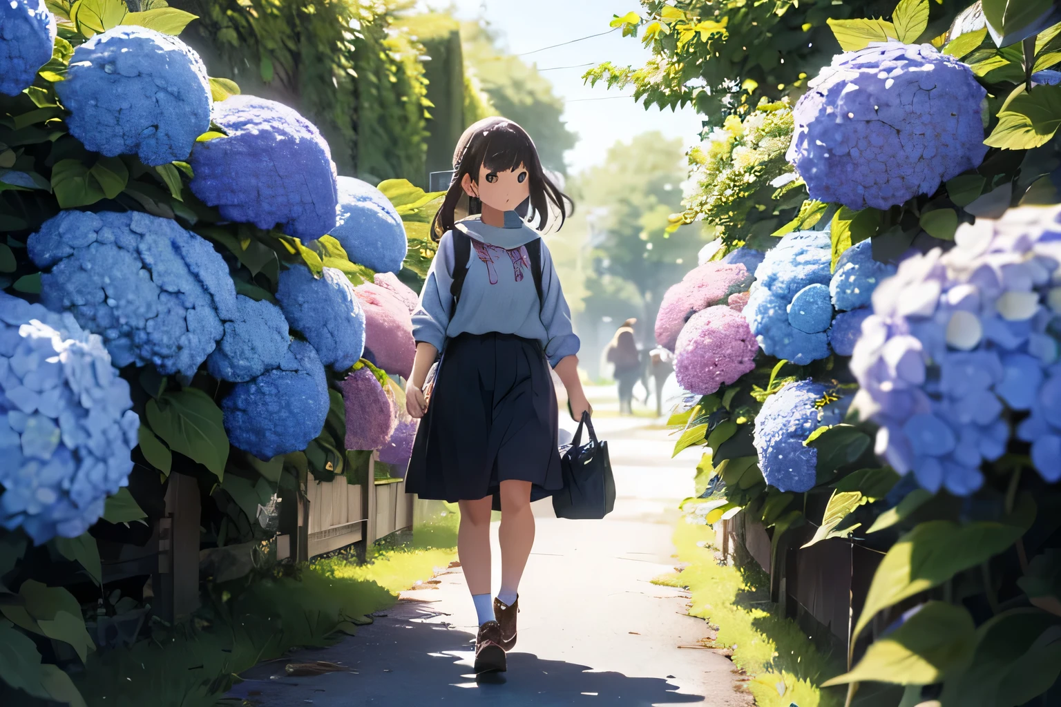 A girl walking among many hydrangeas