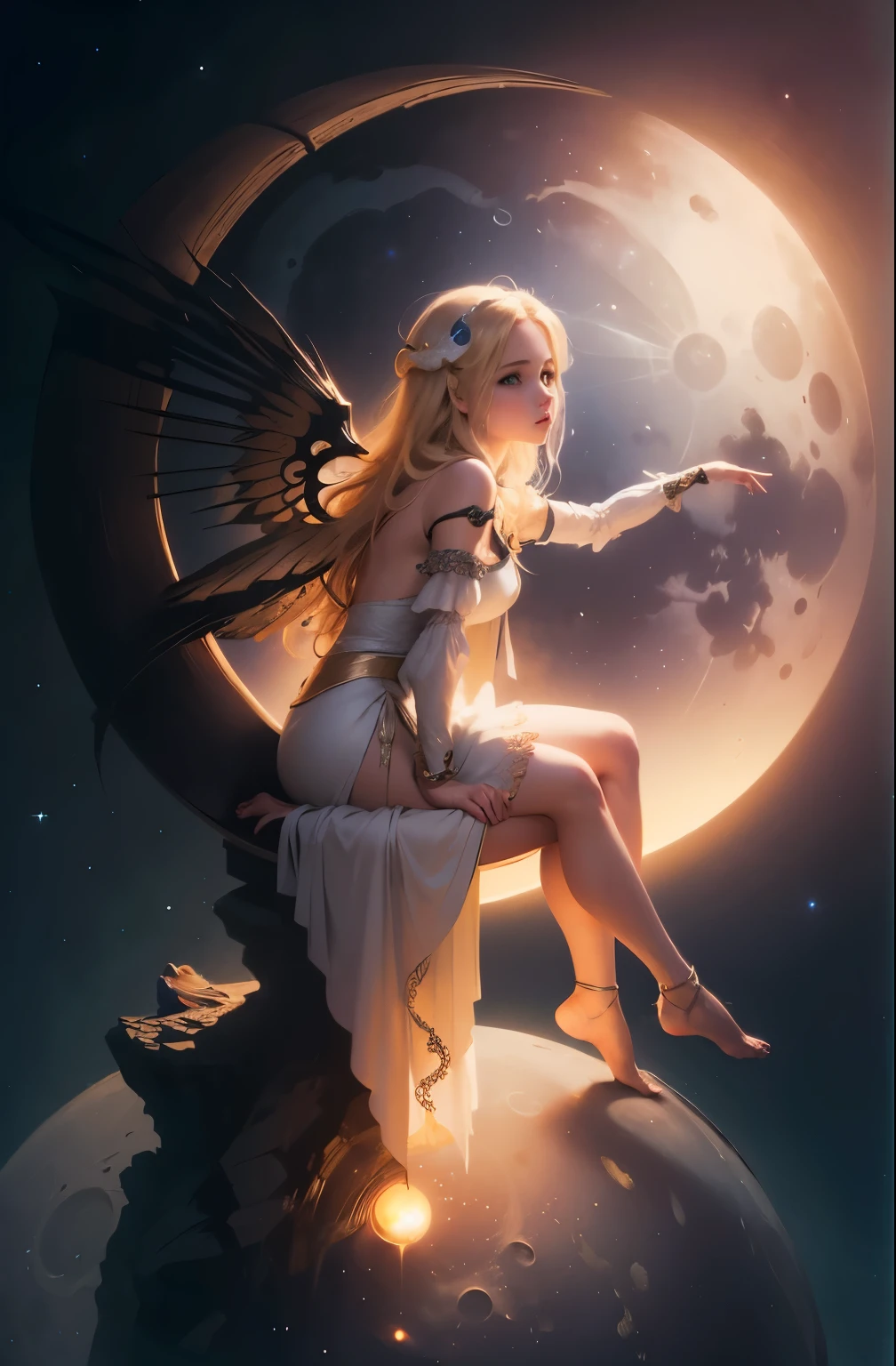 beautiful young blonde girl, fantasy, (((sitting on a crescent moon))), sentually, looking at the night sky 8k,