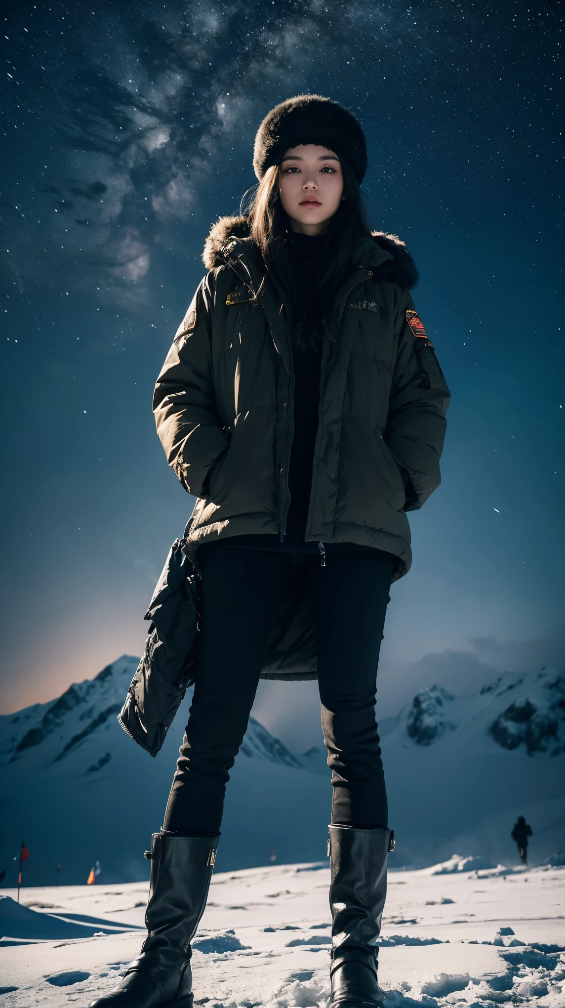 ((best quality)), ((masterpiece)), (detailed), perfect face, beautiful female, tall body, black hair, long hair, winter military uniform, thick winter combat suit, ushanka, ushanka with a red star in the middle, standing in the middle of a snowy mountain, night, dark lightning, breath emitting steam, sharp gaze at the viewer, badass looking, cool face, Hands put in pockets