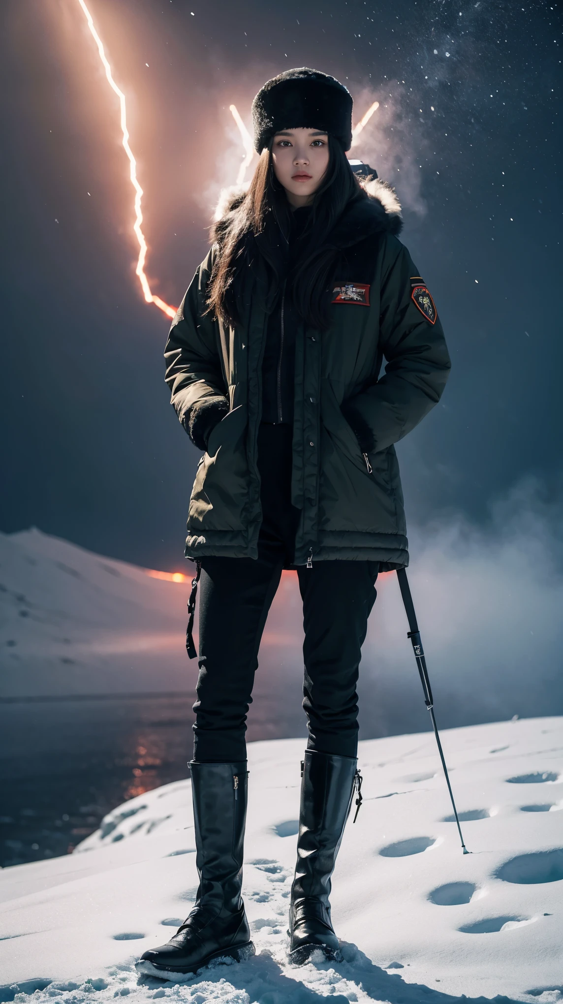 ((best quality)), ((masterpiece)), (detailed), perfect face, beautiful female, tall body, black hair, long hair, winter military uniform, thick winter combat suit, ushanka, ushanka with a red star in the middle, standing in the middle of a snowy mountain, night, dark lightning, breath emitting steam, sharp gaze at the viewer, badass looking, cool face, Hands put in pockets