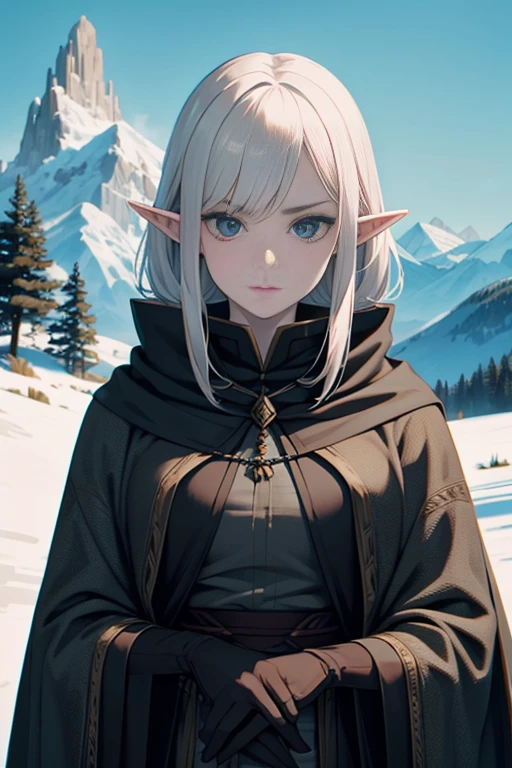 Pale skin, sophisticated, elf, winter armor, glaring at viewer, mountain ruins,