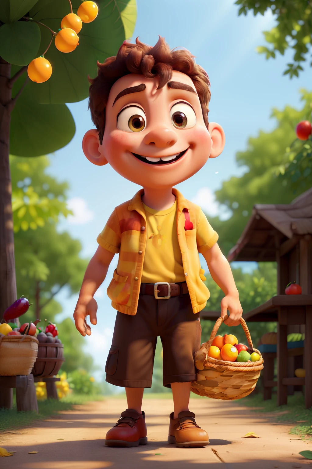 A delightful short cartoon character, adorned with a cherubic smile, carries a basket brimming with ripe and vibrant fruits on a sunny afternoon in C4D (Content-aware Design). With each step, his bouncy gait exudes an infectious sense of joy. The sun casts dappled light through the lush leaves overhead, creating a golden aura around him. The glossy surface of the fruits reflects the warm rays, sparkling in the vibrant hues of red, orange, and yellow. His outstretched arms balance the heavy burden with ease as he hums a jaunty tune, swaying to the rhythm of his own happy steps.