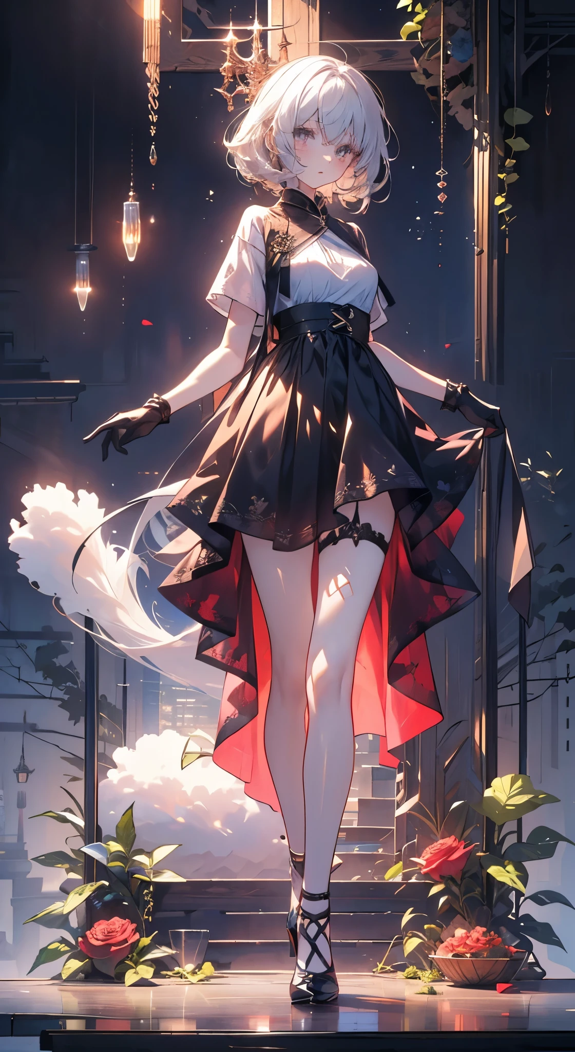 A girl,sheep'horn, Rich colors, Long white hair, Red眼睛 ,Eyeliner, black transparent clothes, Red, open air, Rose, night, ruins, Butterfly,mine same as the original, mine, , (:1.2) rest, (Black long skirt), (View from below), (Put your arms behind your back), (wild lift), Thin dress,, 最good quality, High resolution, Unity 8K Wallpaper, (illustration:0.8), (Beautiful and delicate eyes:1.6), extremely detailed face, Perfect lighting, Very detailed CG, (Perfect hands, Perfect anatomical structure),,blond,red lips,Acting cute,Long hair,High heel,good quality, absurd, Super detailed, holographic,, Dynamic poses, Golden Ratio, 超级Lovely女孩, Mature girl, extremely beautiful,,With super beautiful purple eyes, Super beautiful white hair, Glowing skin,, Good and harmonious , Slender and delicate figure, Perfect body, (Wearing a short white top,) Lovely,Full body shot,Long hair,shoes,Black skirt, Short sleeve,neat hair, Black gloves,,Fade the background,Full body photo of the individual,cartoon,t-shirt,Eyes with highlights,(Leg ring),Long hair到腰的位置