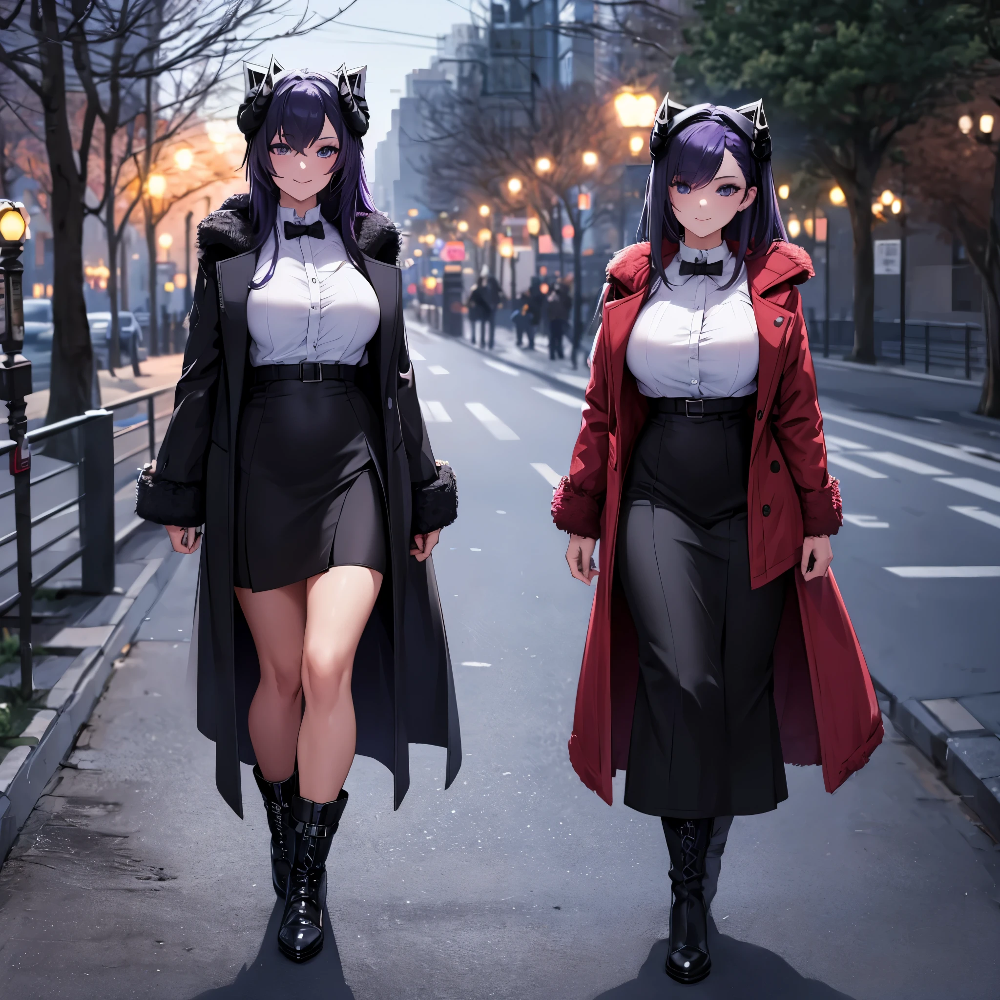 Woman wearing dark violet fur coat, white shirt, black skirt, dark purple hair, purple eyes, cold boots, walking in a park at night, with street lights. trees, overlooking a city, smiling, big breasts, horns,,HDR, ultra resolution, well defined, masterpiece, 8K HD. (woman alone)
