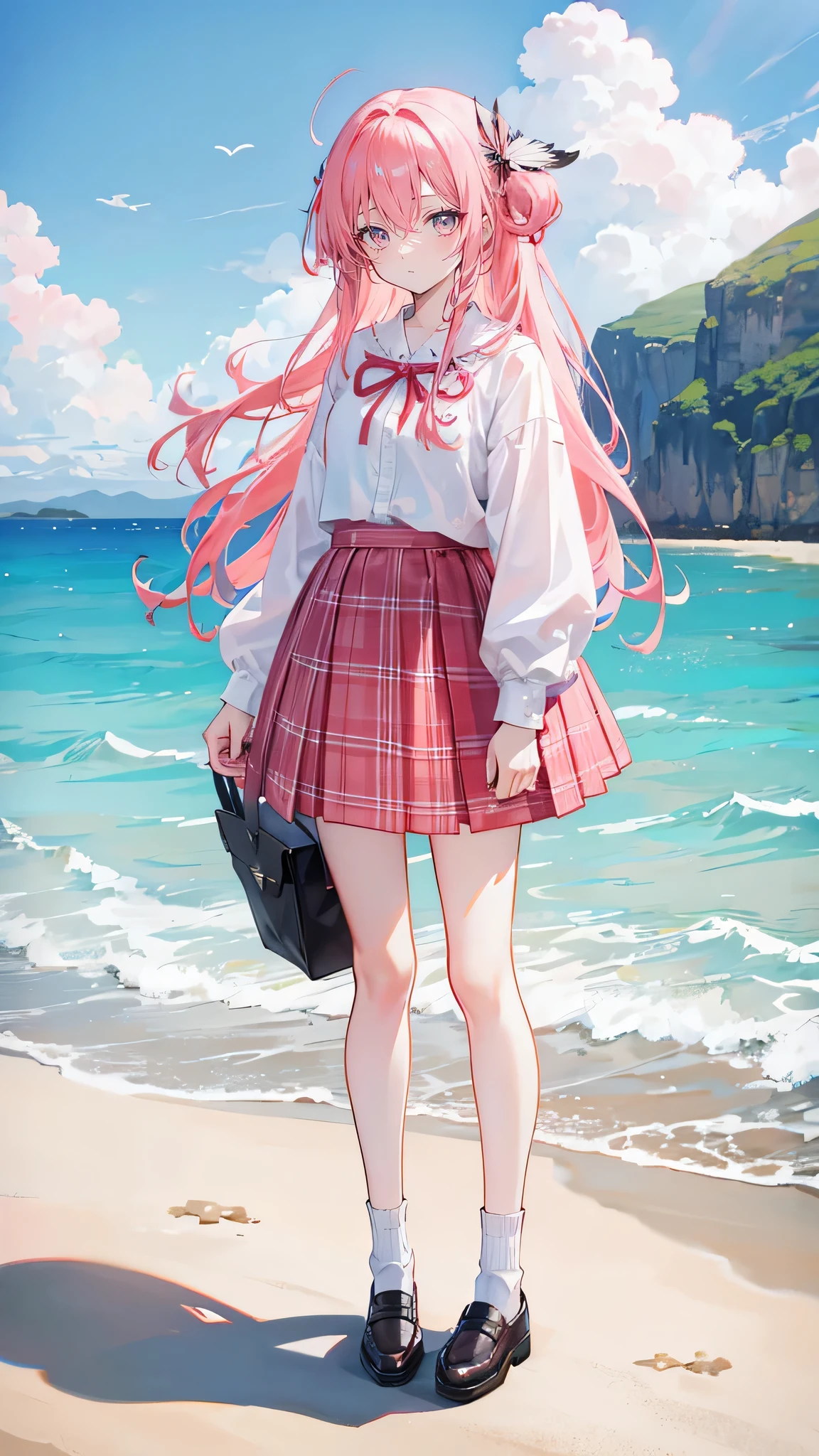 Coral pink hair,Long hair,hair over one eye,Gray eyes,feather hair ornament,cute,Girl,Plaid skirt,Small leather shoes,White socks,whole body,Standing on the ground,Don't show your arms,The background is the beach,Blue sky and white clouds
