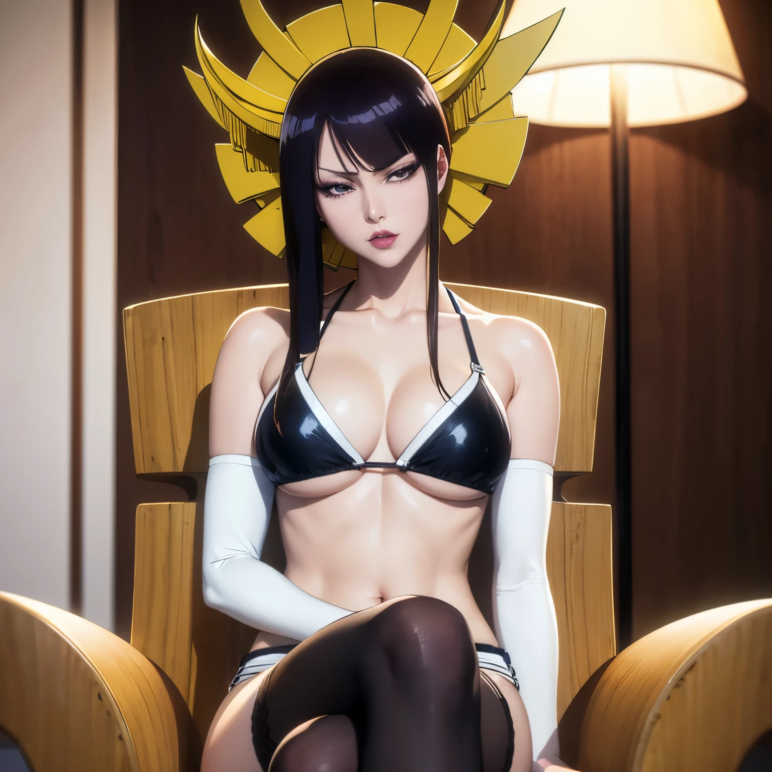 (masterpiece), best quality, expressive eyes, perfect face, senjumaru shutara from bleach, 30 year old women, facing towards screen  parted lips  feminine figure body wearing bikini and shorts,v shape under , thigh socks, lingerie,beautiful expressive eyes ,  4k backlighting, smirky face , on chair