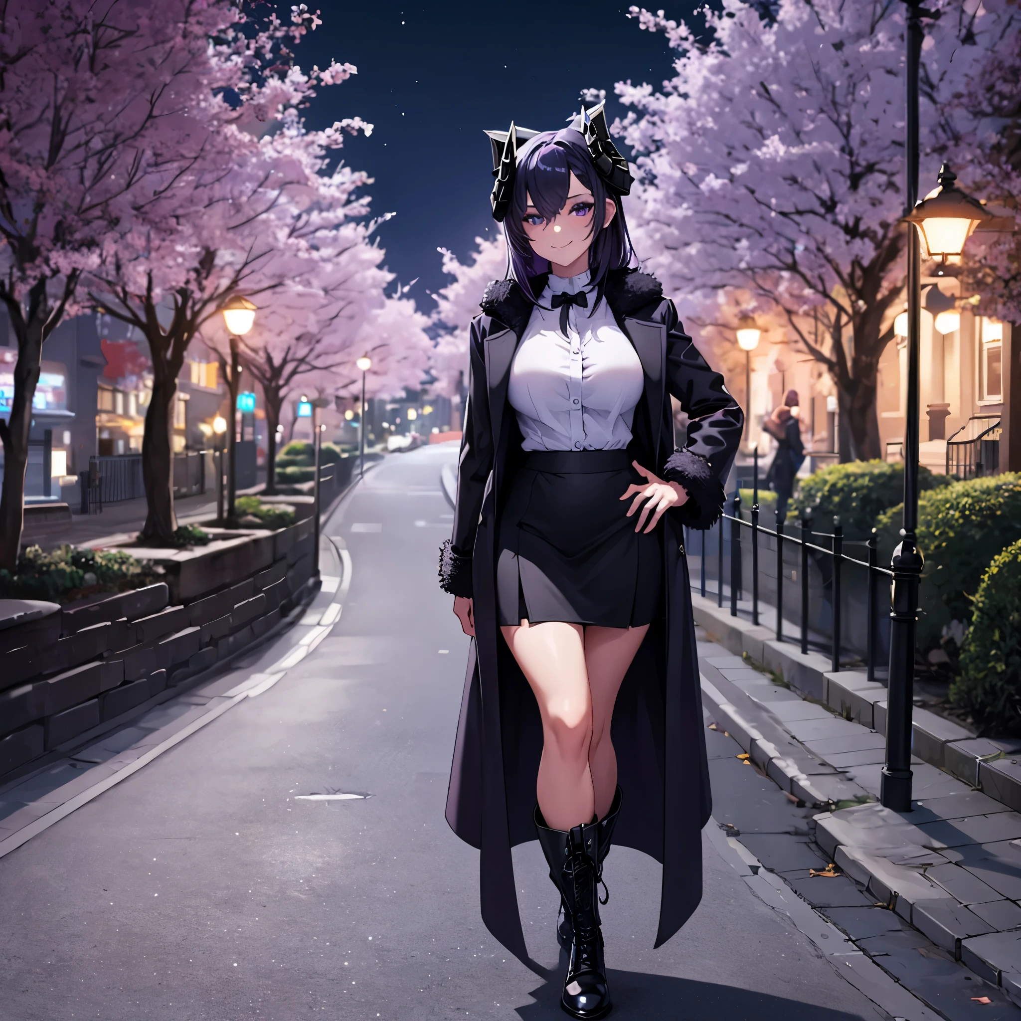 Woman wearing dark violet fur coat, white shirt, black skirt, dark purple hair, purple eyes, cold boots, walking in a park at night, with street lights. trees, overlooking a city, smiling, big breasts, horns,,HDR, ultra resolution, well defined, masterpiece, 8K HD. (woman alone)
