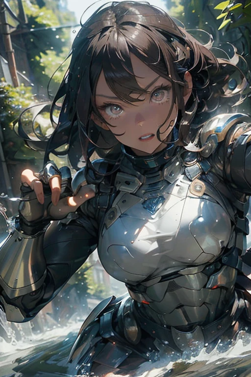 ((best quality)), ((masterpiece)), (detailed), perfect face, cyborg woman, beautiful, best graphics, soft lighting, brown hair, silver eyes, metallic skin, electricity pulsing around her fingers, water and trees surrounding her, leather armor, modest, battle, fight, fierce,