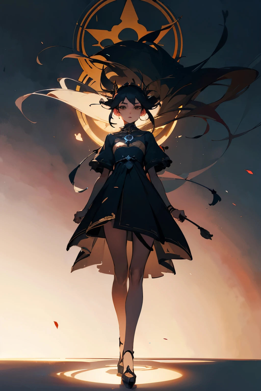 Shadow goddess, with black hair and light brown eyes with a neat dark goddess dress with black aura color (front face view)