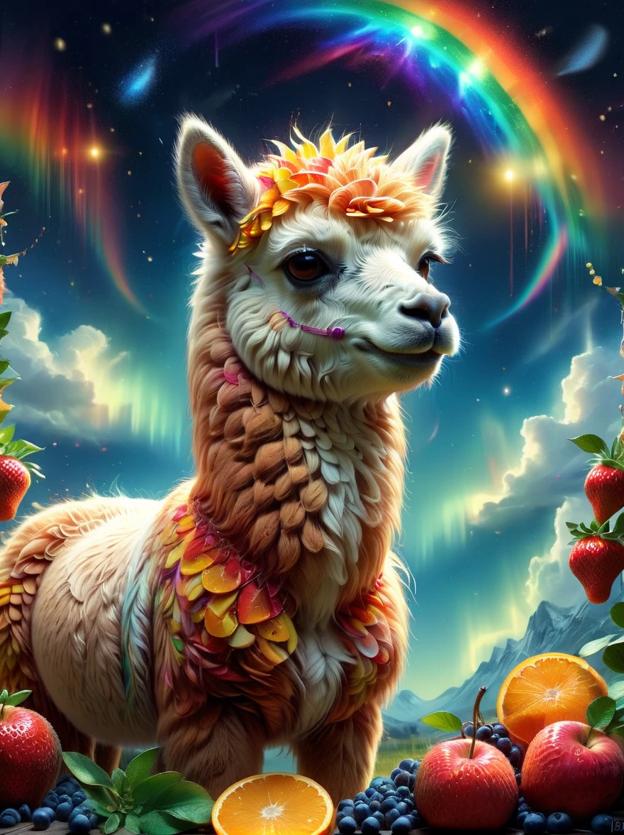 Imaginative depiction of an alpaca made entirely of fruit pulp，Alpaca standing upright in a casual posture，Maybe one hand holding an apple，Body made of orange，watermelon，kiwi，Strawberries and other colorful fruit slices，A rainbow-like mosaic effect，The face is detailed and expressive，Elegantly shaped with tangerine peel and blueberry eyes，(The background depicts a sunny snowy afternoon)，(Bathed in the peaceful golden sunshine), (master level:1.2), Super details, Realistic, (Photorealism:1.3), first-person view, UHD, masterpiece, ccurate, anatomically correct, super detail, best quality, 8k