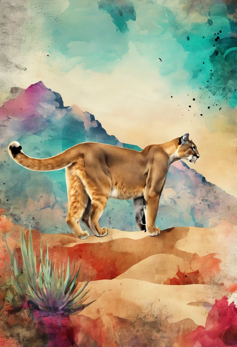 cougar feulant grondant, desert mountain background ::2 colorful ink painting ::2 art fantasy