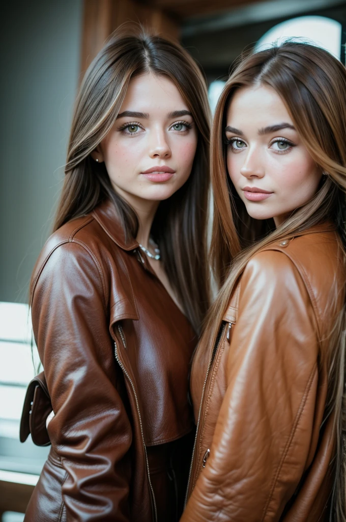 Professional photograph, best quality, 8K, hyper detailed, half body, A close up portrait of two gorgeous, beautiful, wonderful women, argentinian and russian females together posing for the camera, both women have super long hair, argentinian girl has brown hair and russian girl has dark blonde hair, the both of them are wearing winter clothing, both girls are wearing leather jackets. Both women are wonderful, dream, ethereal, timeless, majestic beauties from Argentina and Russia, they're glad, smiling and enjoying taking a picture