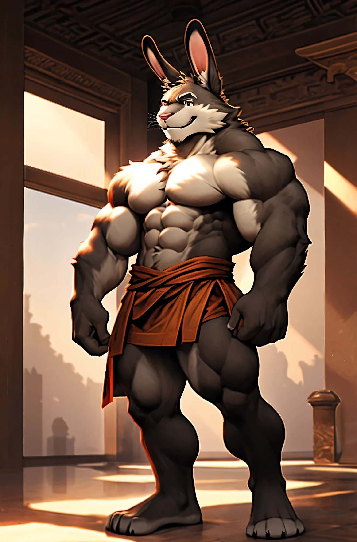rabbit, Chinese zodiac. Male. rabbit. Furry, rabbit antro), standing, alone, nj5furry, (rabbit, huge, huge, young face, ager, bodybuilder body), rabbit, ((extremely realistic shadows, masterpiece, extremely detailed, photorealistic)), kemono, young, teen, ((16 years back, solid back, round buttocks, firm and well-formed buttocks, back, broad shoulders, standing on the back, firm buttocks, round buttocks, well-formed buttocks, solid and very muscular back, rabbit, tail, ((detailed face)) nose, red eyes, ((detailed eyes)), smile, mischievous smile, mischievous expression, white teeth, mouth slightly open, red tongue, skin, fur, hair, sexy, height 3 meters high , optimal height, body full of muscles, bulging pectorals, bulging abs, Shaolin monk, Shaolin clothes, Buddha temple, huge and defined abs, V-shaped body, thick waist, long legs, strong arms, manly, attractive face, type of attractive, fresh and calm face with a cold smile. , bodybuilder body, topless, huge muscular thighs, bulging biceps, looking at viewer. Unique light source, Sharp shadows, Unique portrait.