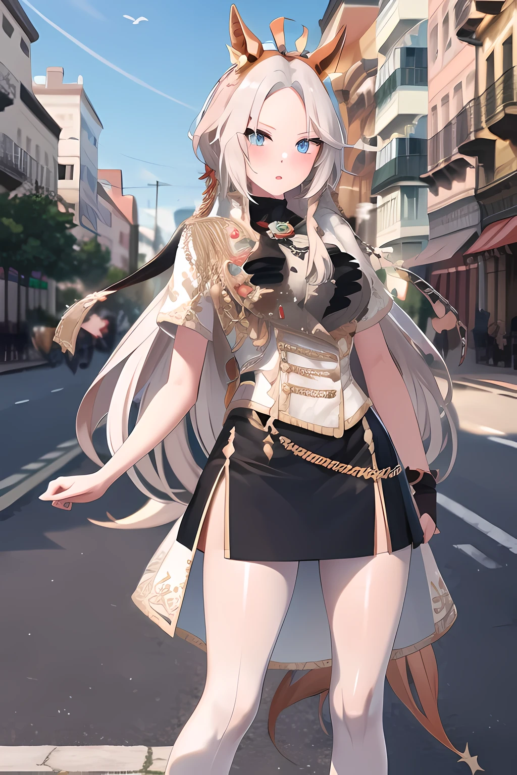 masterpiece, highest quality, High resolution, Tsukuska, Long Hair, Animal ears, Ear coverings, White hair band, Horse tail, White shirt, Green ribbon, Short sleeve, Blue Skirt, Black Pantyhose, street, Are standing, Cowboy Shot