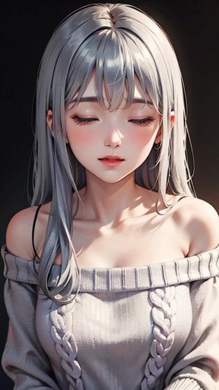 A light blush and a smile, (Masterpiece of the highest quality:1.2) Delicate illustrations, super detailed, /Beautiful Japanese Women、1 person,Very cute and slim、Outstanding style 、((8K images、super high quality))、Very delicate face, Skin and Hair、Red lipstick、Long Hair、straggling hair,(((((Gradient Hair、Silver Hair))))),Very cute Japanese cut face、Eyes and nose are clearly visible、Kind eyes,(((Off-the-shoulder sweater、Watching the audience)))、full body shot