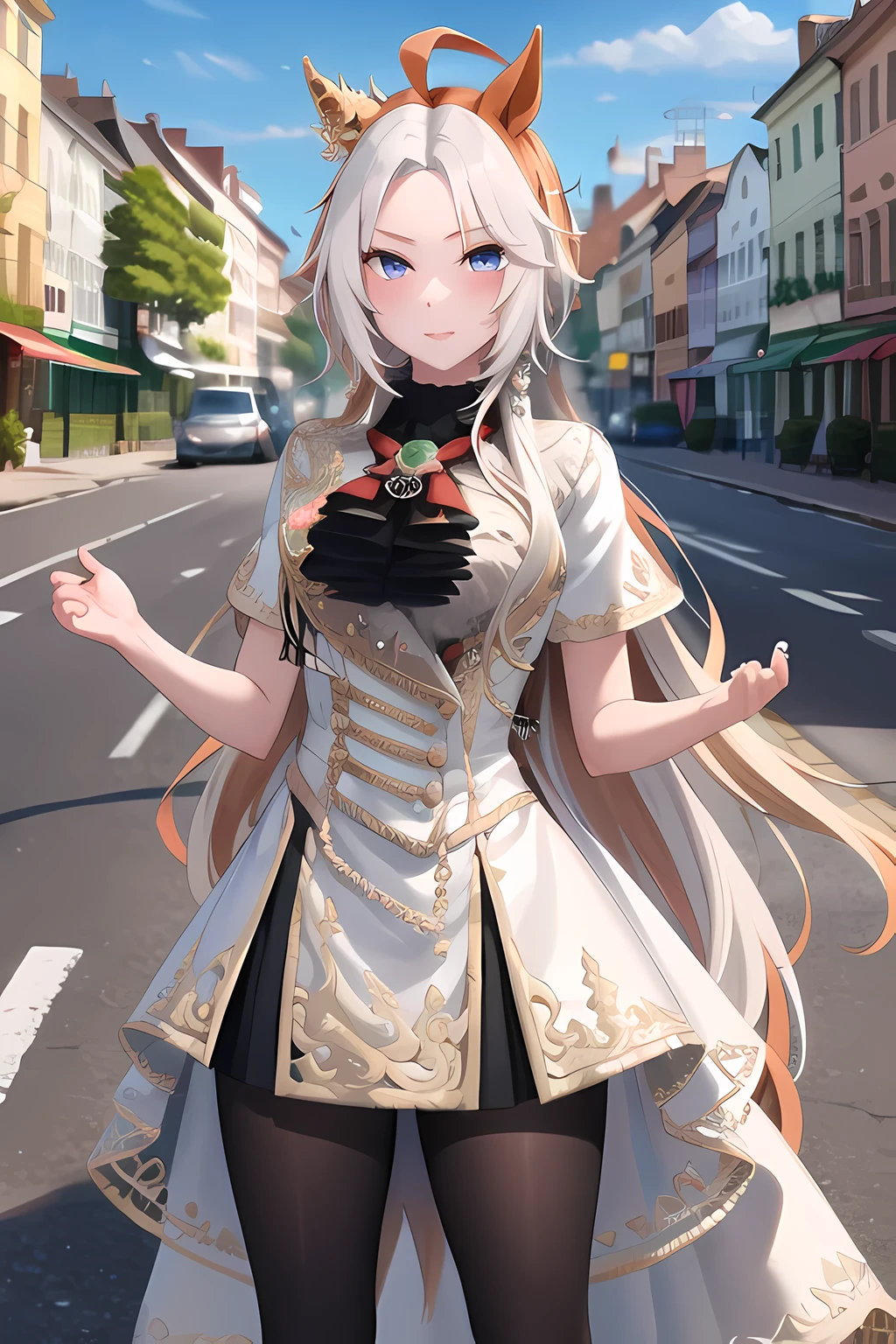 masterpiece, highest quality, High resolution, Tsukuska, Long Hair, Animal ears, Ear coverings, White hair band, Horse tail, White shirt, Green ribbon, Short sleeve, Blue Skirt, Black Pantyhose, street, Are standing, Cowboy Shot