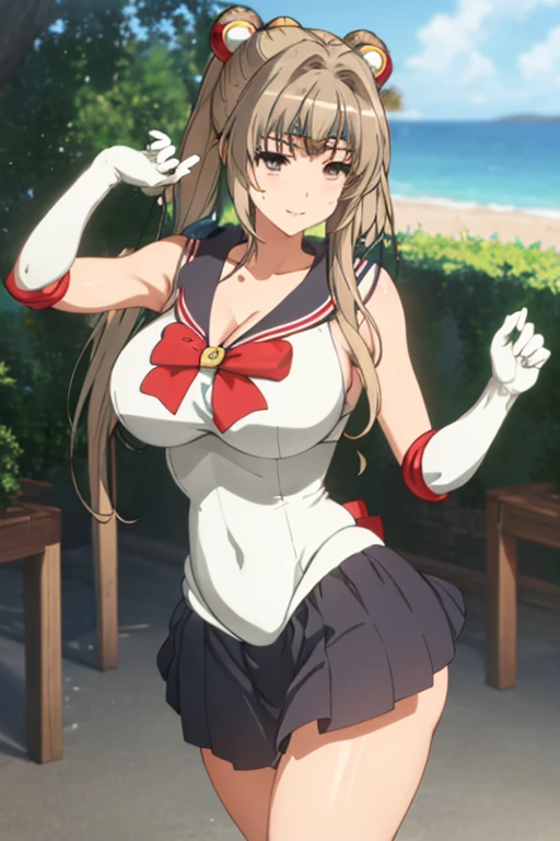 masterpiece, best quality, beautiful art, high resolution, well formed hands, body and fingers, 1 woman, solo, Sento Isuzu , adult, big breasted, cleavage , full body, wearing a Sailor Moon outfit,blonde, gorgeous legs and thighs, sexy sailor senshi uniform, sailor collar, blue skirt, pigtails, elbow gloves, ,skirt lifted by the wind, white leotard peeking, dancing seductively and erotically, smiling joyfully, looking at the viewer, flirting, beach environment 