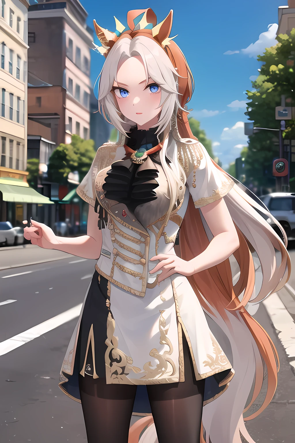 masterpiece, highest quality, High resolution, Tsukuska, Long Hair, Animal ears, Ear coverings, White hair band, Horse tail, White shirt, Green ribbon, Short sleeve, Blue Skirt, Black Pantyhose, street, Are standing, Cowboy Shot