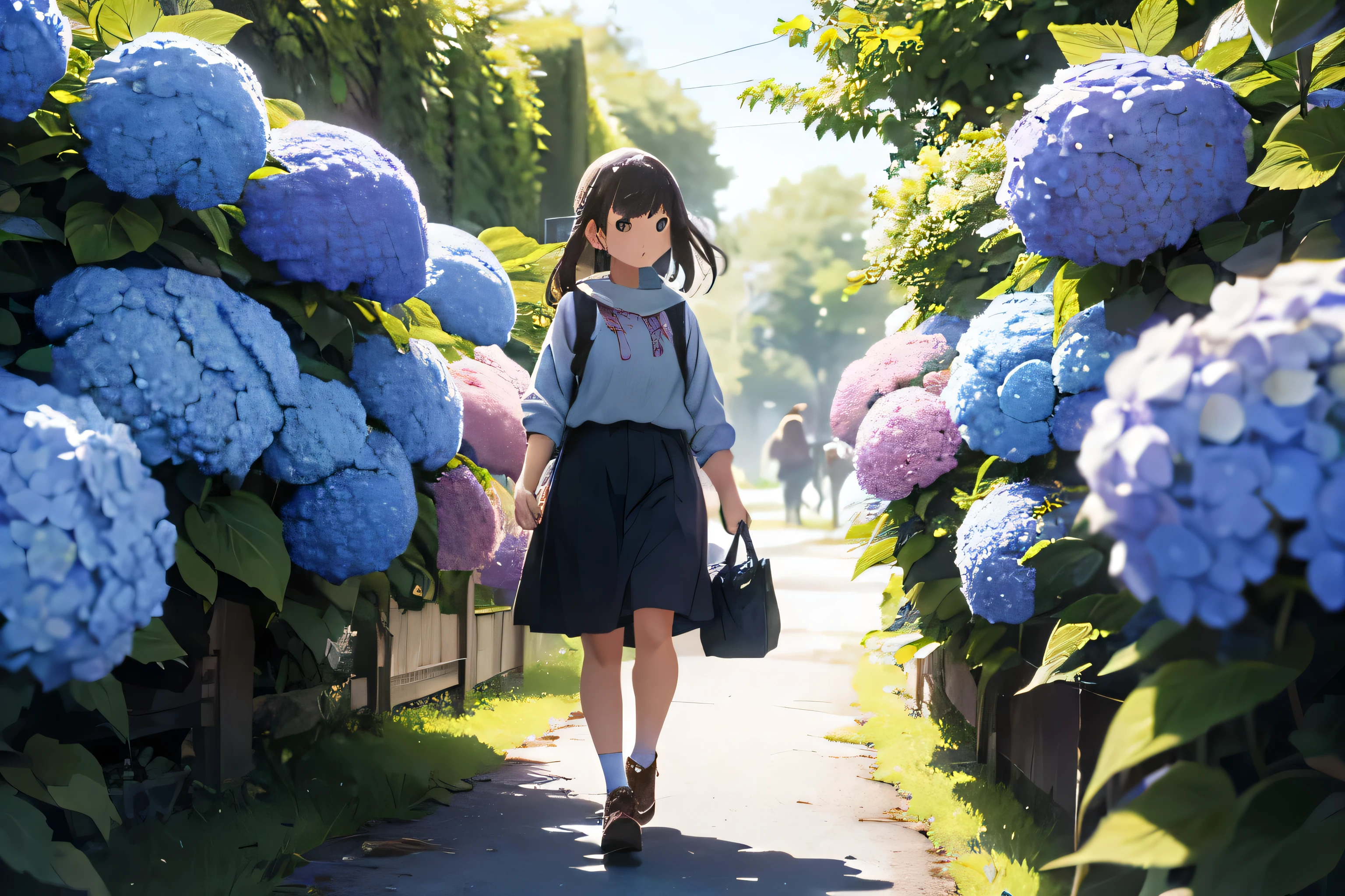 A girl walking among many hydrangeas