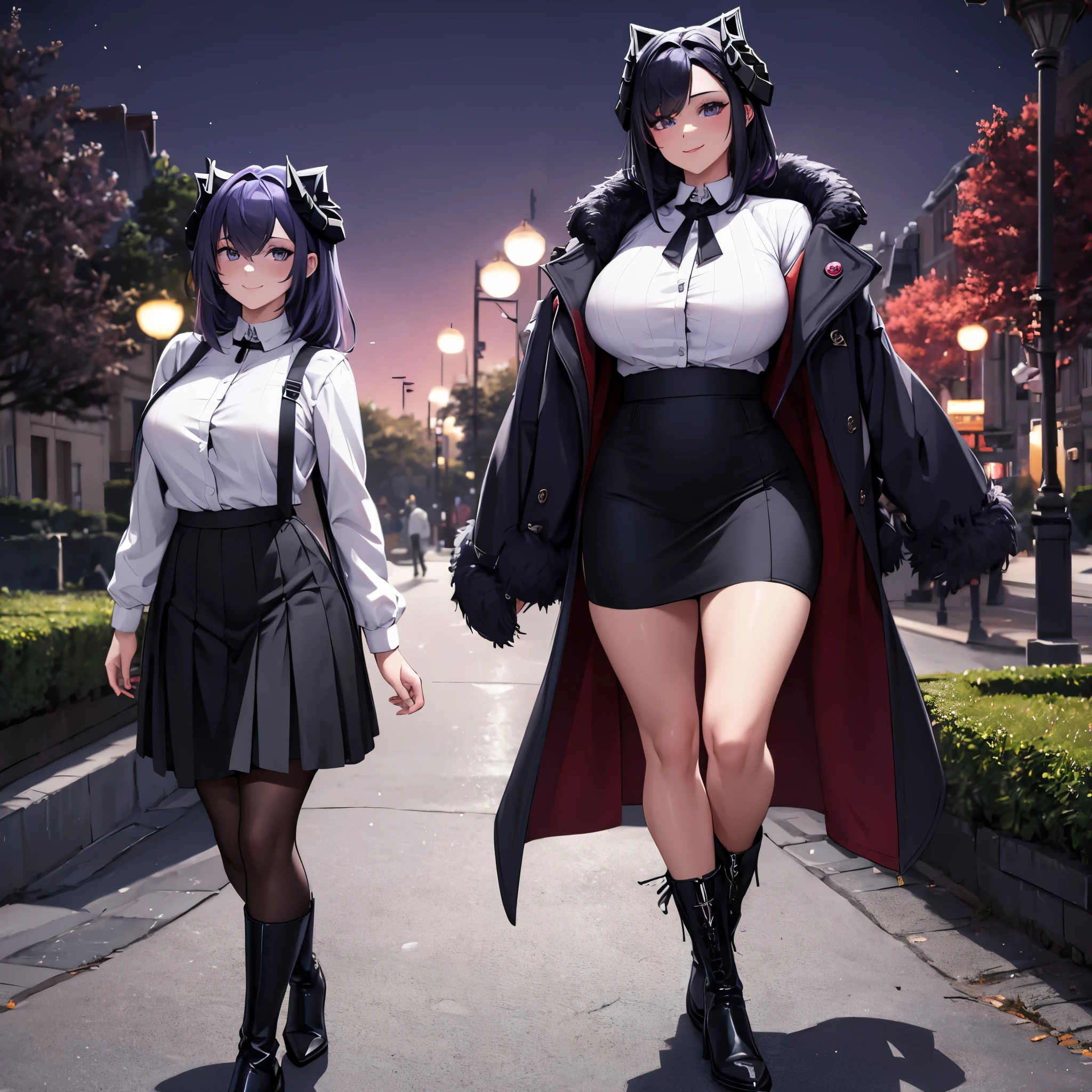 Woman wearing dark violet fur coat, white shirt, black skirt, dark purple hair, purple eyes, cold boots, walking in a park at night, with street lights. trees, overlooking a city, smiling, big breasts, horns,,HDR, ultra resolution, well defined, masterpiece, 8K HD. (woman alone)
