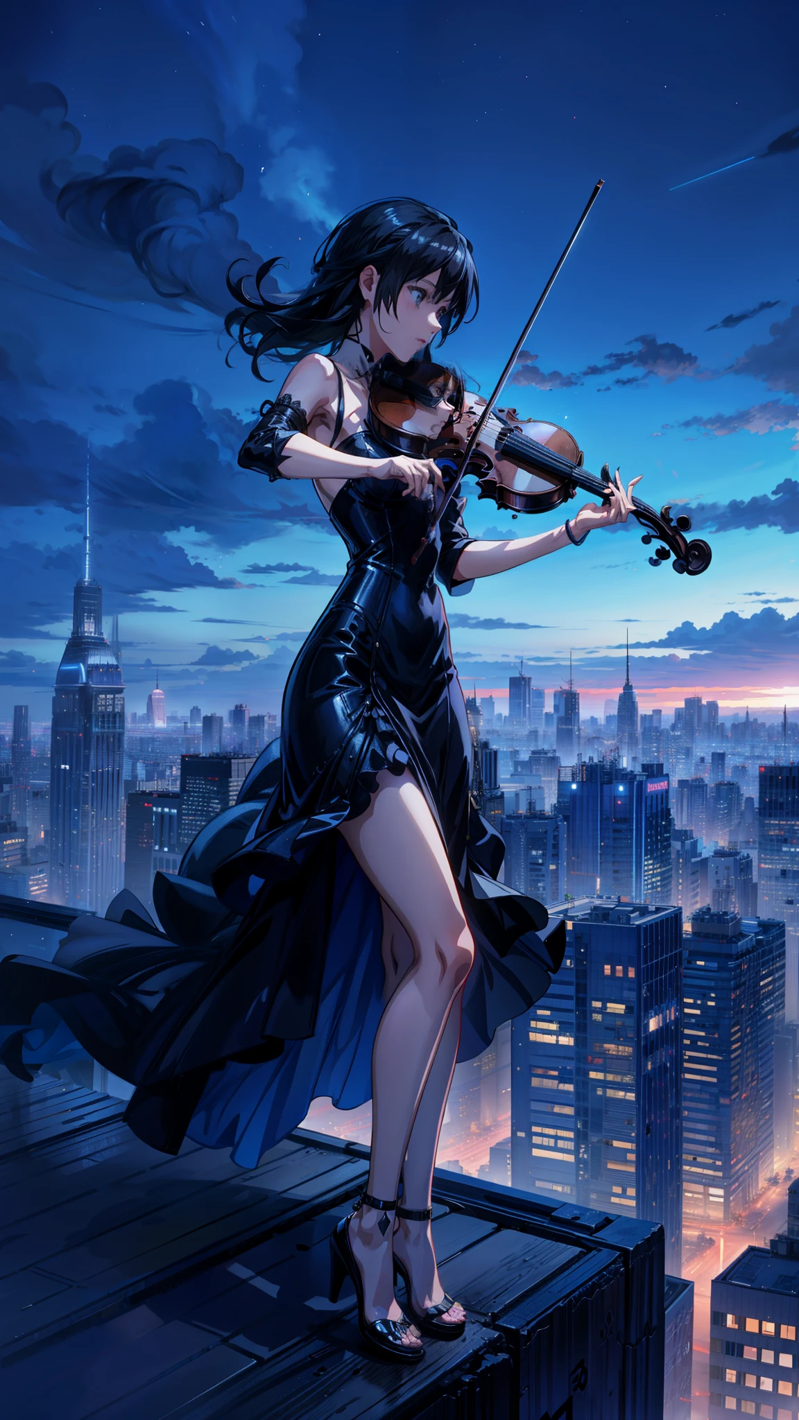 a woman in a black dress playing a violin over the top of building, night, blue cloudy sky, neon colors, city, neon city, cgsociety 9, anime style, anime movie, octane render. by makoto shinkai, standing on top of a violin, fantasy violin, violin, symphony, makoto shinkai and (cain kuga), makoto shinkai and artgerm, louvre contest winner, cgsociety - w 1 0 2 4 - n 8 - i