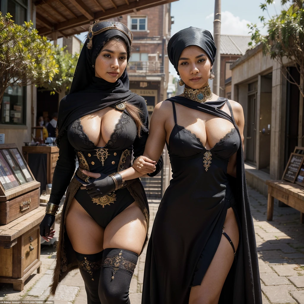 (a busty malaysian woman:1.1,40 years old:1.1,giga busty:1.1,hijab:1.1,alpaca themed:1.1,superhero costume:1.1) striking heroic poses, performing incredible feats of strength, and exuding an aura of power. Her captivating eyes shine with determination, and her graceful lips form a confident smile. The intricate details of her face and physique are meticulously rendered, showcasing her robust beauty. She stands tall and proud, her majestic hijab flowing in the wind. The hijab is adorned with vibrant patterns inspired by the majestic alpaca, creating a visually stunning contrast. The exquisite fabric drapes elegantly around her, adding a touch of grace to her heroic presence. Her attire embodies the spirit of a superhero, with an alpaca theme that adds a unique twist. The costume features a sleek blend of modern and steam punk elements, embracing a futuristic aesthetic. It is crafted with the finest materials, accentuating her formidable figure and enhancing her aura of strength. Beside her stands her loyal sidekick, a steam punk alpaca. This anthropomorphic creature exudes undeniable charm with its gears, pipes, and intricate mechanical elements. It serves as a perfect companion for the Malaysian heroine, complementing her bravery and adding a touch of whimsical steampunk flair to the scene. The scene itself is bathed in vibrant colors and contrast, with vivid hues that reflect the hero's energy and determination. The lighting creates a dramatic atmosphere, accentuating her heroic poses and creating a sense of awe-inspiring grandeur. With the utmost attention to detail and the highest quality, this artwork seamlessly combines realism and fantastical elements to create a truly breathtaking masterpiece. As the viewer gazes upon this visually stunning depiction, they are transported into a world where strength, diversity, and heroism intertwine.
