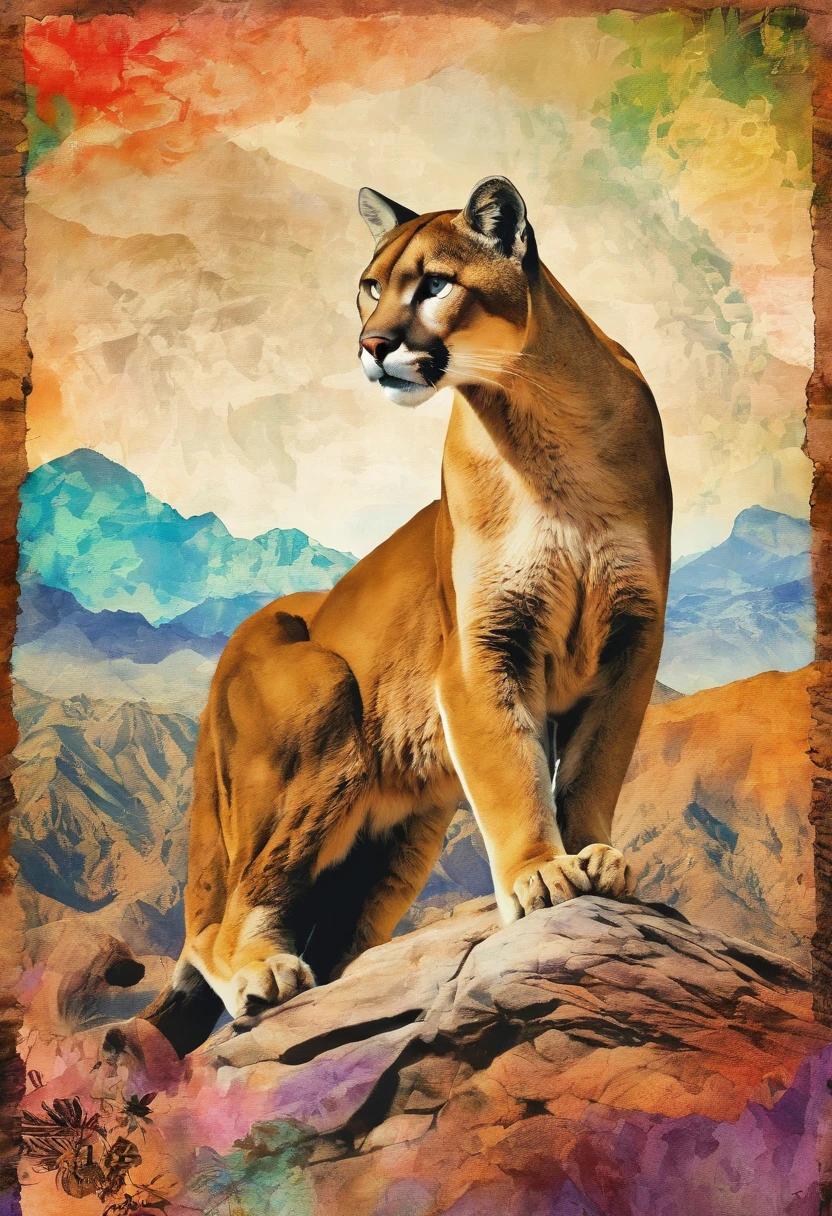 cougar rugissant, desert mountains background ::2 colorful ink painting ::2 art fantasy