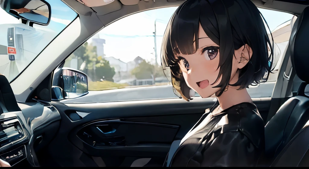 ((master piece, top-quality, ultra-definition, high resolution)), (high quality), (Best illustration), ((beautiful fingers)), 90's, (Detailed and delicate face), (in the car), side view, (A Pretty girl with short hair), (anime face), she's taking a drive, she takes the wheel, midnight highway, neon city, big smile, open mouth, ((ultra-detailed illust:1.2)),