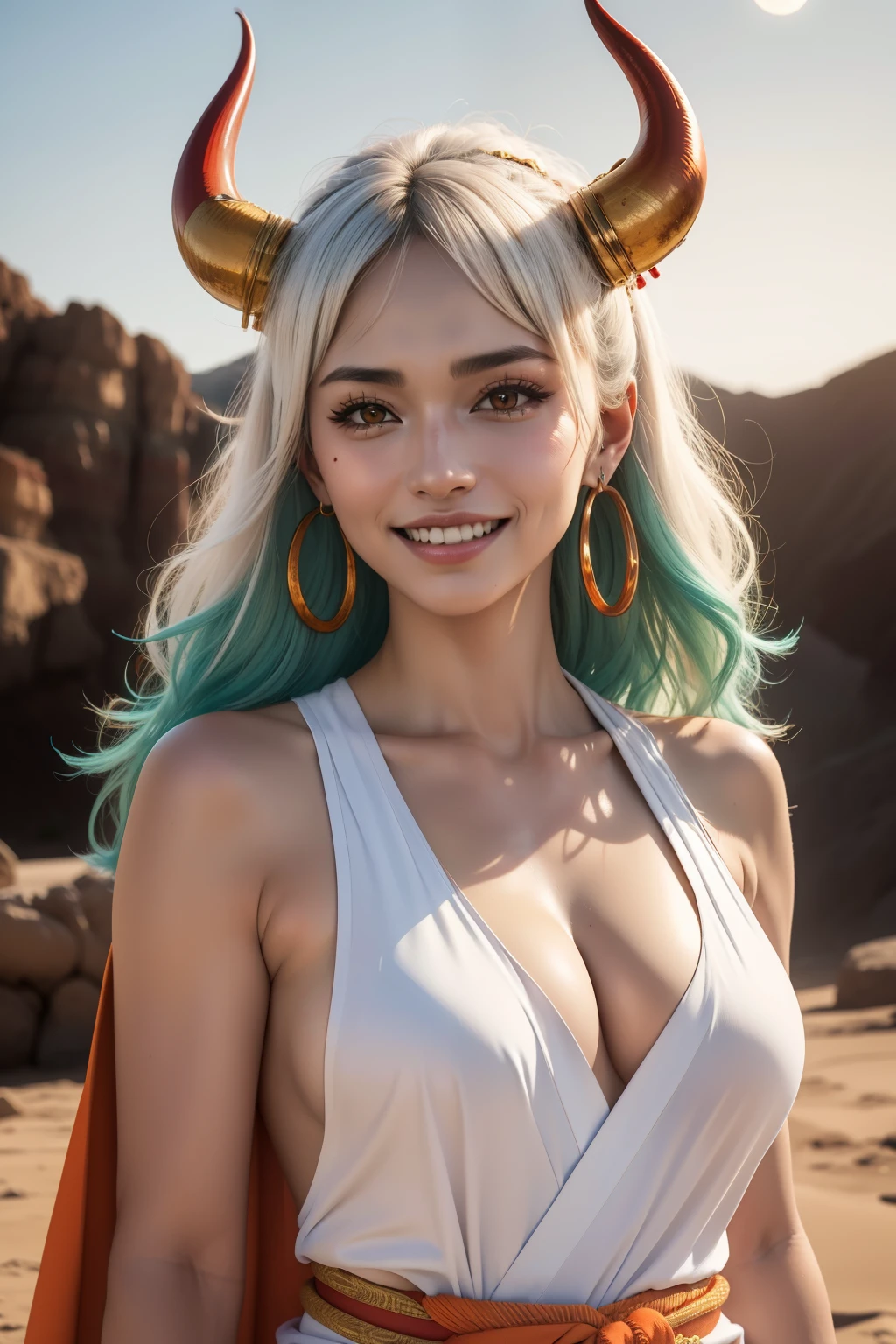 ultra realistic 8k cg, masterpiece, ((ultra detailed background, delicate pattern, intricate detail)), (highly detailed, fine details), best quality, (photorealistic:1.4),beautiful lighting,  absurdres, RAW photo, film grain, ((medium breasts, slim girl)), Yamato, long hair, 1girl, horns, white hair, solo, oni, red horns, curled horns, hair ornament, (multicolored horns), jewelry, earrings, japanese clothes, kimono, hair stick, sleeveless, bare shoulders, aqua hair, sidelocks, hoop earrings, hakama, smile, wide smile, ((orange eyes, slim girl, medium breasts)), (complex detailed background, barren land, moon, cowboy shot),