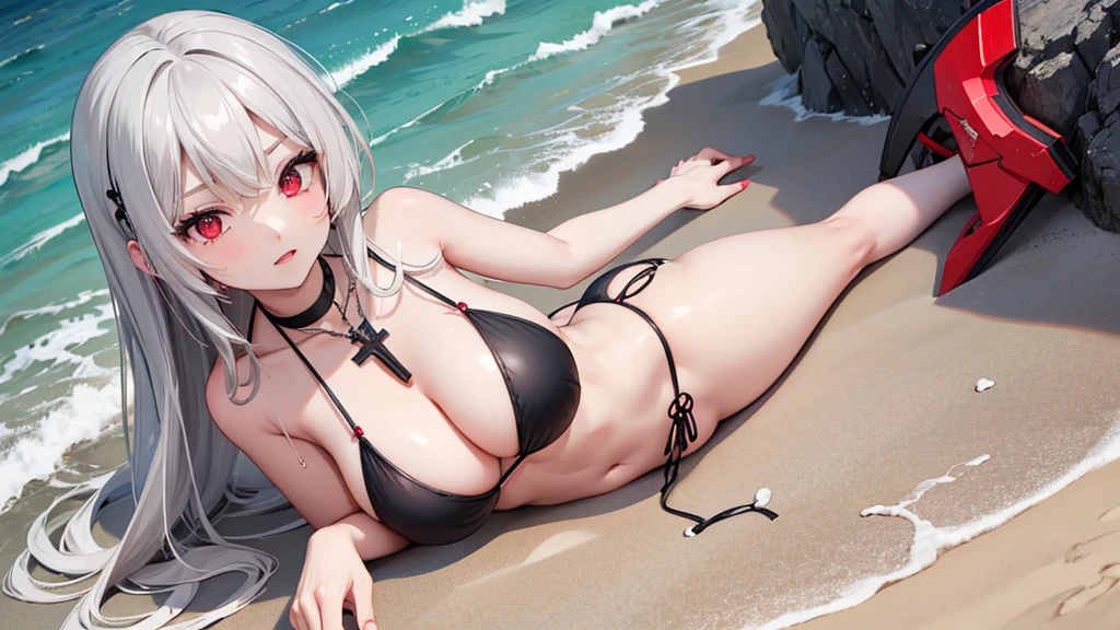 Long gray hair,blood red eyes,Necklace with cross,Wearing a black and white bikini,beach,beach球,Woman on top position
