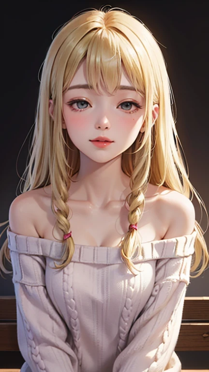 A light blush and a smile, (Masterpiece of the highest quality:1.2) Delicate illustrations, super detailed, /Beautiful Japanese Women、1 person,Very cute and slim、Outstanding style 、((8K images、super high quality))、Very delicate face, Skin and Hair、Red lipstick、Long Hair、straggling hair,(((((Gradient Hair、Blonde))))),Very cute Japanese cut face、Eyes and nose are clearly visible、Kind eyes,(((Off-the-shoulder sweater、Watching the audience)))、full body shot